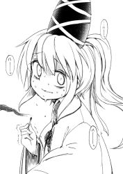 Rule 34 | 1girl, bow, dripping, forced smile, greyscale, harusame (unmei no ikasumi), hat, japanese clothes, kariginu, looking at viewer, matches, monochrome, mononobe no futo, ponytail, shaking, solo, sweat, nervous sweating, tate eboshi, touhou, trembling, wide-eyed