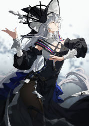 Rule 34 | 1girl, arknights, bare shoulders, belt, black dress, black headwear, black pantyhose, blue nails, breasts, cleavage, cleavage cutout, closed eyes, clothing cutout, cowboy shot, detached sleeves, dress, eyebrows hidden by hair, frilled dress, frills, grey hair, hair between eyes, highres, indai (3330425), long hair, long sleeves, medium breasts, nail polish, open mouth, pantyhose, puffy long sleeves, puffy sleeves, simple background, solo, specter (arknights), specter the unchained (arknights), very long hair, white background