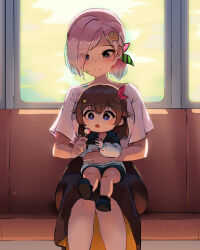 Rule 34 | 2girls, :o, aged down, airani iofifteen, blush, brown hair, candy, child, fian f.n, food, hololive, hololive indonesia, lollipop, multiple girls, open mouth, sitting, skirt, tokino sora, white hair