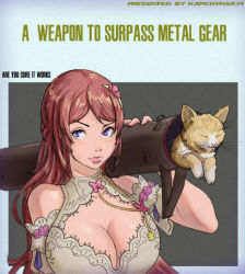 Rule 34 | 1girl, artist name, breasts, brown hair, cat, cleavage, commentary, detached sleeves, dress, english commentary, holding rocket launcher, holding weapon, indie virtual youtuber, kapchynskyi, large breasts, long hair, looking to the side, metal gear (series), nina saotome, portrait, purple eyes, rocket launcher, short sleeves, smile, solo, v-shaped eyebrows, virtual youtuber, weapon, whiskers, white dress