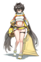 1girl absurdres antenna_hair bare_shoulders black_eyes black_gloves black_hair blush closed_mouth commentary cosplay crop_top detached_sleeves elegg_(nikke) elegg_(nikke)_(cosplay) full_body gloves goddess_of_victory:_nikke grey_shorts hair_between_eyes highres holding holding_pillow jindogod long_hair long_sleeves looking_at_viewer low_twintails micro_shorts midriff navel pillow pouch puffy_long_sleeves puffy_sleeves shadow short_shorts shorts simple_background solo standing standing_on_one_leg thigh_gap thigh_strap thighs trony_(nikke) turtleneck twintails two-tone_gloves v-shaped_eyebrows very_long_hair white_background white_footwear yellow_gloves