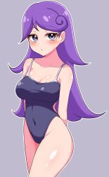 Rule 34 | 1girl, absurdres, bare arms, bare legs, bare shoulders, blush, breasts, collarbone, competition swimsuit, covered navel, highleg, highleg swimsuit, highres, kiratto pri chan, long hair, looking at viewer, medium breasts, mujin (mujinzairaisen), one-piece swimsuit, pretty series, purple eyes, purple hair, school swimsuit, shido mel, simple background, solo, swimsuit