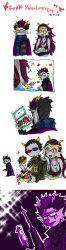 Rule 34 | 1girl, 2boys, 3d glasses, anger vein, aquarius (symbol), black-framed eyewear, black hair, blush, box, cape, colored sclera, colored skin, eridan ampora, fangs, feferi peixes, friend zoned, gemini (symbol), glasses, goggles, grey skin, highres, homestuck, horns, jewelry, long hair, multicolored hair, multiple boys, necklace, nine (ninevsnine), profanity, rejection, scarf, scarf over mouth, sharp teeth, short hair, smile, sollux captor, striped clothes, striped scarf, sweatdrop, tears, teeth, two-tone hair, valentine, yellow sclera