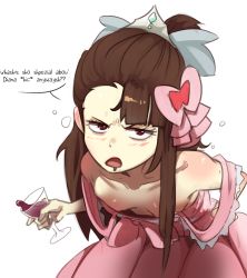 Rule 34 | 1girl, alcohol, blush, breasts, brown hair, collarbone, downblouse, dress, drunk, female focus, hair ornament, hair ribbon, hiccup, highres, kagari atsuko, little witch academia, long hair, looking at viewer, open mouth, pink dress, polyle, ribbon, simple background, small breasts, solo, wine