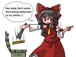 Rule 34 | 1girl, alternate neckwear, bow, brown hair, detached sleeves, english text, feet out of frame, frilled bow, frilled hair tubes, frilled skirt, frills, hair bow, hair tubes, hakurei reimu, holding, ifunny, kasuya baian, long hair, necktie, open mouth, pointing, profanity, red bow, red eyes, red ribbon, red shirt, red skirt, ribbon, ribbon-trimmed sleeves, ribbon trim, shirt, simple background, skirt, sleeveless, sleeveless shirt, solo, speech bubble, talking, touhou, trash can, v-shaped eyebrows, white background, yellow necktie