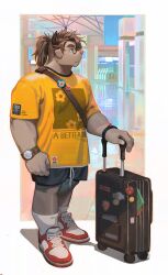 Rule 34 | 1boy, animal ears, black pants, catoblepas (housamo), clenched hand, commentary, cow boy, cow ears, cow horns, furry, furry male, glasses, holding, holding suitcase, horns, looking to the side, male focus, neilos, pants, ponytail, profile, red footwear, rolling suitcase, shirt, socks, suitcase, tokyo houkago summoners, watch, white socks, wristwatch, yellow shirt