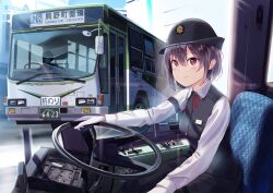 Rule 34 | 1girl, ascot, black hair, black headwear, black pants, black vest, blush, bus, closed mouth, commentary request, driving, gloves, headlight, highres, license plate, long sleeves, looking at viewer, motor vehicle, multiple views, original, pants, png pant (bus), purple eyes, red ascot, second-party source, shirt, short hair, sitting, smile, steering wheel, translation request, vest, white gloves, white shirt