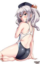 Rule 34 | 1girl, alternate costume, artist name, ass, back, beret, blue eyes, blush, breasts, competition swimsuit, covering privates, covering breasts, dated, epaulettes, hat, highres, kantai collection, kashima (kancolle), long hair, looking at viewer, looking back, medium breasts, one-piece swimsuit, open mouth, silver hair, simple background, sitting, solo, swimsuit, tsuchimiya, twintails, wavy hair
