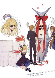 Rule 34 | ..., 2boys, 2girls, a082, blonde hair, blue dress, blue gloves, bow, box, breasts, brown hair, character request, cleavage, crab, dress, fish, fur trim, gloves, granblue fantasy, long hair, multiple boys, multiple girls, red bow, speech bubble, spoken ellipsis, standing, sunglasses, very long hair, white background
