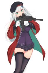Rule 34 | 1girl, aiming, assault rifle, beret, black hat, black skirt, black thighhighs, closed mouth, commentary, facial mark, girls&#039; frontline, gloves, green eyes, gun, h&amp;k hk416, hair ornament, hat, head tilt, heckler &amp; koch, highres, hk416 (girls&#039; frontline), holding, holding gun, holding weapon, inniyik, jacket, long hair, long sleeves, name connection, object namesake, open clothes, pleated skirt, purple jacket, rifle, silver hair, simple background, skirt, solo, thighhighs, very long hair, weapon, white background, white gloves, wide sleeves