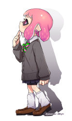 Rule 34 | 1girl, absurdres, bike shorts, black shorts, blue skirt, blunt bangs, bow, bowtie, brown footwear, closed mouth, dress shirt, earrings, from side, full body, grey sweater, highres, inkling, inkling girl, inkling player character, jewelry, loafers, long sleeves, loose socks, miniskirt, multicolored bowtie, nintendo, pink eyes, pink hair, pleated skirt, puchiman, school uniform, shadow, shirt, shoes, short hair, shorts, shorts under skirt, simple background, skirt, socks, solo, splatoon (series), splatoon 2, standing, striped bow, striped bowtie, striped clothes, striped neckwear, sweater, twitter username, v-neck, vertical stripes, white background, white shirt, white socks