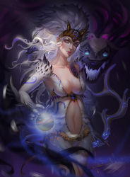 Rule 34 | 1girl, alternate costume, bad id, bad pixiv id, body fur, bodysuit, bow (weapon), breasts, cleavage, forehead protector, fur (clothing), glowing, hooves, humanization, kindred (league of legends), lamb (league of legends), league of legends, lipstick, long hair, makeup, monster, navel, open mouth, orb, personification, silver hair, solo, weapon, wolf (league of legends), yaomao