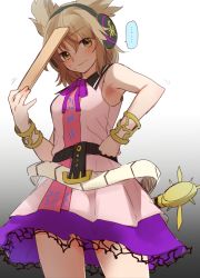 Rule 34 | ..., 1girl, armpits, bare arms, bare shoulders, belt, black belt, blouse, blush, bracelet, breasts, brown eyes, brown hair, cowboy shot, earmuffs, gradient background, grey background, hair between eyes, hand on own hip, hand up, head tilt, holding, jewelry, looking at viewer, makuwauri, medium breasts, neck ribbon, pink shirt, pointy ears, purple ribbon, purple skirt, ribbon, ritual baton, shirt, skirt, solo, spoken ellipsis, standing, sweat, thighs, touhou, toyosatomimi no miko, white background