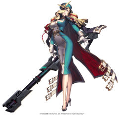 Rule 34 | 1girl, agnes (chaos heroes online), agnes (chaos online), blonde hair, blue eyes, breasts, chaos online, cleavage, company name, copyright name, crossed legs, dress, full body, gloves, gun, hat, high heels, highres, large breasts, long hair, love cacao, military, military uniform, no socks, official art, one eye covered, simple background, solo, standing, uniform, watson cross, weapon, white background, white gloves