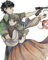 Rule 34 | 1boy, 1girl, aiming, black hair, blue eyes, brown hair, commentary, fear &amp; hunger, fear &amp; hunger 2: termina, green jumpsuit, gun, handgun, highres, holding, holding gun, holding weapon, hug, jumpsuit, kuropin, levi (fear &amp; hunger), long hair, long skirt, long sleeves, looking at viewer, luger p08, marina (fear &amp; hunger), mole, mole under mouth, mouth piercing, outstretched arm, pink skirt, shirt, skirt, standing, weapon, white background, white shirt