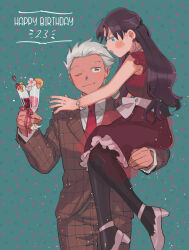 Rule 34 | 1boy, 1girl, alcohol, archer (fate), black pantyhose, blue eyes, blush, bracelet, brown eyes, brown hair, brown jacket, brown pants, brown suit, carrying, carrying person, champagne, closed mouth, collared shirt, commentary, dress, drink, earrings, english commentary, fate/stay night, fate (series), formal, grey footwear, grey hair, happy birthday, high heels, highres, holding, holding drink, jacket, jewelry, long hair, looking at another, necktie, one eye closed, oneroom-disco, pants, pantyhose, red dress, red necktie, red ribbon, ribbon, shirt, smile, suit, sweatdrop, tohsaka rin, white shirt