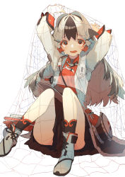 Rule 34 | 1girl, absurdres, arknights, black hair, black skirt, black socks, commentary request, crying, crying with eyes open, hair intakes, hands up, highres, jacket, knees up, long hair, looking at viewer, multicolored hair, net, open mouth, orange eyes, orange shirt, shirt, shoes, simple background, sitting, skirt, snowsant (arknights), socks, solo, tears, tokorinowa, trapped, two-tone hair, wavy mouth, white background, white footwear, white hair, white jacket