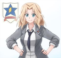 Rule 34 | 1girl, black necktie, blazer, blonde hair, blue eyes, closed mouth, dress shirt, emblem, girls und panzer, grey jacket, hair intakes, hands on own hips, jacket, kay (girls und panzer), long hair, long sleeves, looking at viewer, loose necktie, necktie, omachi (slabco), open clothes, open jacket, saunders (emblem), saunders school uniform, school uniform, shirt, sleeves rolled up, smile, solo, upper body, white shirt, wing collar