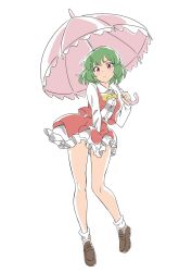 Rule 34 | 1girl, ascot, collared shirt, dress, full body, green hair, gyouza (mhea5724), highres, holding, holding umbrella, kazami yuuka, long sleeves, looking at viewer, open clothes, open vest, parasol, red dress, red skirt, red vest, shirt, short hair, simple background, skirt, socks, thighs, touhou, umbrella, vest, white background, white shirt, white socks, yellow ascot