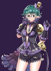 Rule 34 | 1girl, :d, bra, breasts, chest jewel, cleavage, glasses, gloves, green eyes, green hair, grin, highres, jacket, looking at viewer, maji (majibomber), medium breasts, open mouth, pandoria (xenoblade), pointy ears, purple background, purple bra, purple gloves, purple jacket, purple shorts, short hair, short sleeves, shorts, simple background, smile, solo, teeth, underwear, xenoblade chronicles (series), xenoblade chronicles 2