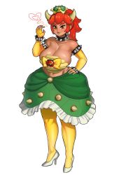Rule 34 | 1girl, armlet, bare shoulders, borrowed character, bowser logo, bowsette, bracelet, breasts, choker, cleavage, crown, elbow gloves, forked eyebrows, full body, gloves, hard-degenerate, high heels, highres, horns, jewelry, large breasts, mario (series), new super mario bros. u deluxe, nintendo, simple background, skirt, smile, solo, spiked armlet, spiked bracelet, spiked choker, spikes, standing, super crown, thick eyebrows, thighhighs
