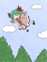 Rule 34 | 1girl, animal ears, chibi, cloud, day, dress, ear wiggle, closed eyes, female focus, flying, green hair, kasodani kyouko, nimu (siroirousagi), open mouth, outstretched arms, short hair, sky, smile, solo, spread arms, touhou