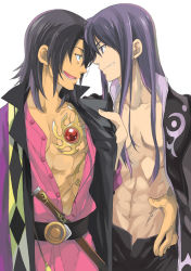 Rule 34 | 00s, 2boys, abs, ayumiso, black eyes, black hair, green eyes, long hair, male focus, multiple boys, open clothes, open shirt, raven (tales), shirt, smile, spoilers, tales of (series), tales of vesperia, yuri lowell
