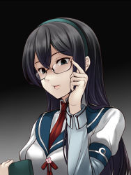 Rule 34 | 10s, 1girl, adjusting eyewear, black background, black hair, blue eyes, empty eyes, glasses, gradient background, hairband, kantai collection, long hair, ooyodo (kancolle), open mouth, school uniform, shaded face, solo, uni8