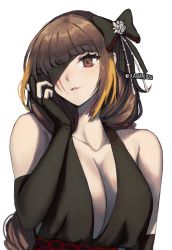Rule 34 | 1girl, absurdres, bad id, bad twitter id, black bow, black dress, black gloves, bow, braid, breasts, brown eyes, brown hair, dress, elbow gloves, eyepatch, girls&#039; frontline, gloves, hair bow, highres, large breasts, long hair, looking at viewer, m16a1 (blazer of the trail) (girls&#039; frontline), m16a1 (girls&#039; frontline), mole, mole under eye, multicolored hair, official alternate costume, orange hair, partially fingerless gloves, scar, scar across eye, scar on face, simple background, single braid, sleeveless, sleeveless dress, solo, streaked hair, twitter username, upper body, white background, xanax025