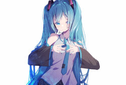 Rule 34 | 1girl, ahoge, bare shoulders, black skirt, black sleeves, blue eyes, blue hair, blue nails, blue necktie, blush, collared shirt, detached sleeves, frilled shirt, frills, grin, highres, holding necktie, long bangs, looking at viewer, nail polish, necktie, nuko 0108, one eye covered, open mouth, pleated skirt, raised eyebrows, shirt, sidelocks, signature, simple background, skirt, sleeveless, sleeveless shirt, smile, solo, straight-on, teeth, tie clip, twintails, upper body, vocaloid, white background, white shirt