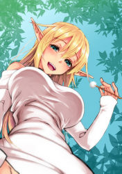 Rule 34 | 1girl, :d, blonde hair, blue eyes, blue sky, blush, breasts, day, elf, for-u, from below, highres, large breasts, leaf, long hair, looking at viewer, mimikaki, open mouth, outdoors, pointy ears, shirt, sky, smile, solo, white shirt