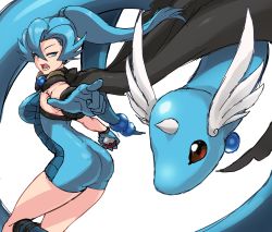 Rule 34 | 1girl, ass, bad id, bad pixiv id, bare legs, black cape, blue hair, breasts, cape, clair (pokemon), cleanerjay, commentary, cowboy shot, creatures (company), dragonair, from behind, game freak, gen 1 pokemon, green eyes, hair between eyes, high ponytail, highres, long hair, looking back, lower teeth only, nintendo, open mouth, poke ball, pokemon, pokemon (creature), pokemon hgss, sideboob, simple background, solo, teeth, v-shaped eyebrows, white background