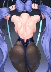 Rule 34 | 1girl, ass, azur lane, back, backboob, bare back, bare shoulders, breasts, from behind, highres, huge ass, large breasts, leotard, long hair, new jersey (azur lane), new jersey (exhilarating steps!) (azur lane), pantyhose, purple hair, revolverwing, shiny clothes, shiny skin, solo, thick thighs, thighs, thong leotard, twintails, very long hair