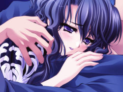 Rule 34 | 1girl, blue hair, carnelian, close-up, ena (quilt), expressionless, game cg, hair between eyes, hug, lipstick, long hair, makeup, parted lips, purple eyes, quilt, quilt (game), solo focus, upper body