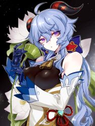 Rule 34 | 1girl, ahoge, bare shoulders, bell, black gloves, blue hair, bodystocking, commentary request, cowbell, detached sleeves, flower, ganyu (genshin impact), genshin impact, gloves, goat horns, highres, horns, long hair, looking at viewer, neck bell, open mouth, purple eyes, solo, tatsunami, upper body, very long hair, white flower, white sleeves