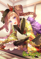 Rule 34 | 1girl, absurdres, alternate costume, alternate hairstyle, blush, braid, brown hair, card, commentary request, gloves, hat, highres, japanese clothes, kimono, kneeling, long braid, long hair, looking at viewer, open mouth, playing card, sodemaru unagi, solo, sweep tosho (umamusume), twin braids, twitter username, umamusume