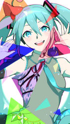 Rule 34 | 1girl, 25-ji miku, absurdres, animal ears, armpit crease, arms at sides, bare shoulders, belly chain, belt, black belt, black choker, blue belt, blue eyes, blue hair, blue necktie, cat ears, chain, chest belt, choker, chromatic aberration, collared shirt, detached sleeves, earrings, facing viewer, fusion, grey shirt, hair between eyes, hair ornament, hands up, hatsune miku, highres, hoop earrings, jewelry, lens flare, leo/need miku, light blush, light particles, more more jump! miku, multiple persona, neck ribbon, necktie, o-ring, o-ring choker, open mouth, ovexxxxx, pom pom (clothes), pom pom hair ornament, project sekai, red ribbon, ribbon, shirt, simple background, smile, solo, sparkle, teeth, triangle, tsurime, twintails, upper teeth only, vivid bad squad miku, vocaloid, white background, white shirt, wonderlands x showtime miku