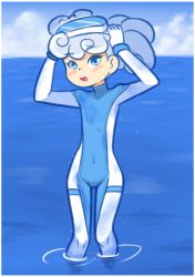 Rule 34 | 1girl, alolan form, alolan vulpix, blue eyes, blush, bodysuit, cloud, creatures (company), diving mask, diving mask on head, diving suit, drantyno, game freak, gen 7 pokemon, goggles, goggles on head, highres, long hair, looking at viewer, nintendo, ocean, open mouth, personification, pokemon, pokemon sm, sky, sparkle, standing, teeth, wading, water, wet, wetsuit, white bodysuit, white hair