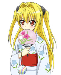 Rule 34 | 00s, blonde hair, blush, covering face, covering own mouth, covering privates, hand fan, japanese clothes, kimono, konjiki no yami, long hair, paper fan, red eyes, simple background, solo, to love-ru, twintails, two side up, uchiwa, yukata
