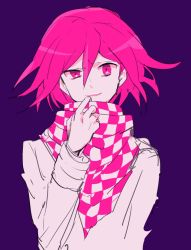 Rule 34 | 10s, 1boy, checkered clothes, checkered scarf, danganronpa (series), danganronpa v3: killing harmony, harunotano, light smile, looking at viewer, male focus, monochrome, oma kokichi, purple background, scarf, short hair, simple background, smile, solo, straitjacket