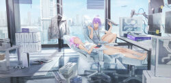 Rule 34 | 2girls, aircraft, airplane, building, chair, city, commentary request, computer, controller, game console, game controller, gaming chair, highres, indoors, jacket, laptop, microphone, monitor, multiple girls, nintendo switch, on chair, original, panties, pink hair, playstation 5, purple hair, scenery, sora-bakabon, swivel chair, tank top, underwear, white jacket, white panties, white tank top, window