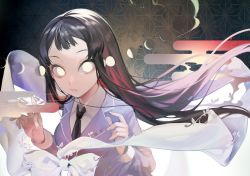 Rule 34 | 1girl, bad id, bad twitter id, black hair, black necktie, bow, collared shirt, commentary request, crescent moon, full moon, gibbous moon, glowing, glowing eyes, highres, jacket, long hair, looking at viewer, moon, moon phases, necktie, ohisashiburi, original, parted lips, purple jacket, shirt, solo, symbolism, upper body, white bow, white shirt, wing collar