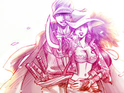 Rule 34 | 1boy, 1girl, bandana, breasts, cleavage, earrings, grin, hat, jacket, jacket on shoulders, jewelry, long hair, looking at viewer, midriff, monochrome, nico robin, one-eyed, one piece, one piece film: z, roronoa zoro, scar, smile, sword, weapon