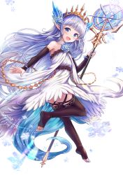 Rule 34 | 1girl, :d, bare shoulders, blue eyes, blue flower, blue hair, blue rose, blush, brown sleeves, brown thighhighs, crystal, detached sleeves, dress, flower, full body, granblue fantasy, hair flower, hair ornament, highres, holding, holding staff, lily (granblue fantasy), long sleeves, looking at viewer, looking back, no shoes, open mouth, pointy ears, rose, sakura ani, simple background, sleeves past wrists, smile, snowflakes, soles, solo, staff, thighhighs, tiara, toeless legwear, white background, white dress
