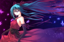 Rule 34 | 1girl, aqua hair, black gloves, blue eyes, dress, elbow gloves, floating hair, gloves, hatsune miku, long hair, looking at viewer, mhong, red dress, solo, twintails, vocaloid