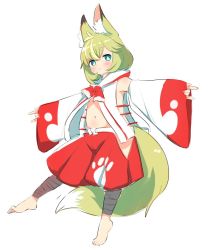 Rule 34 | 1girl, \n/, animal ear fluff, animal ears, barefoot, blonde hair, blue eyes, blush, detached sleeves, done (donezumi), feet, female focus, flat chest, fox ears, fox tail, hip vent, leg wrap, midriff, navel, original, outstretched arms, puffy shorts, shorts, simple background, sleeves past wrists, solo, spread arms, tail, tiptoes, toes, white background