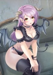Rule 34 | 1girl, bikini, black bikini, black collar, black thighhighs, breasts, brown eyes, cleavage, collar, collarbone, commentary request, couch, demon girl, demon horns, demon tail, demon wings, frilled bikini, frills, grey wings, hair between eyes, highres, horns, long hair, looking at viewer, medium breasts, on couch, original, parted lips, pink hair, signature, sitting, solo, swimsuit, tail, thighhighs, torn wings, very long hair, wings, yumibakama meme