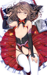 Rule 34 | 1girl, belt, black panties, book, breasts, brown hair, closed mouth, detached collar, detached sleeves, drawing (object), floral print, frills, from above, glasses, hand in own hair, hand on own thigh, highres, kouno (masao), light brown hair, long hair, looking at viewer, lying, mole, mole under eye, nipples, no shirt, on back, open book, original, over-rim eyewear, panties, pillow, red eyes, red footwear, red ribbon, revealing clothes, ribbon, semi-rimless eyewear, shoes, skindentation, small breasts, smile, solo, swept bangs, thigh gap, thighhighs, underwear, wavy hair, white background, white thighhighs, zipper