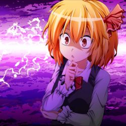 Rule 34 | 1girl, blonde hair, bow, bowtie, collarbone, collared shirt, e.o., electricity, embodiment of scarlet devil, female focus, frilled sleeves, frills, hair bow, hair ribbon, hand on own chin, highres, jpeg artifacts, long sleeves, open mouth, red eyes, ribbon, rumia, shirt, solo, touhou, vest, wide-eyed