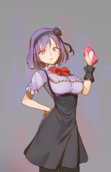 Rule 34 | 10s, 1girl, black flower, black ribbon, black rose, blue eyes, bow, breasts, commentary, dagashi kashi, flower, hair flower, hair ornament, hair ribbon, hairband, hand on own hip, high-waist skirt, highres, holding, large breasts, pantyhose, purple hair, red bow, ribbon, rose, shidare hotaru, skirt, solo, suspender skirt, suspenders, timbougami